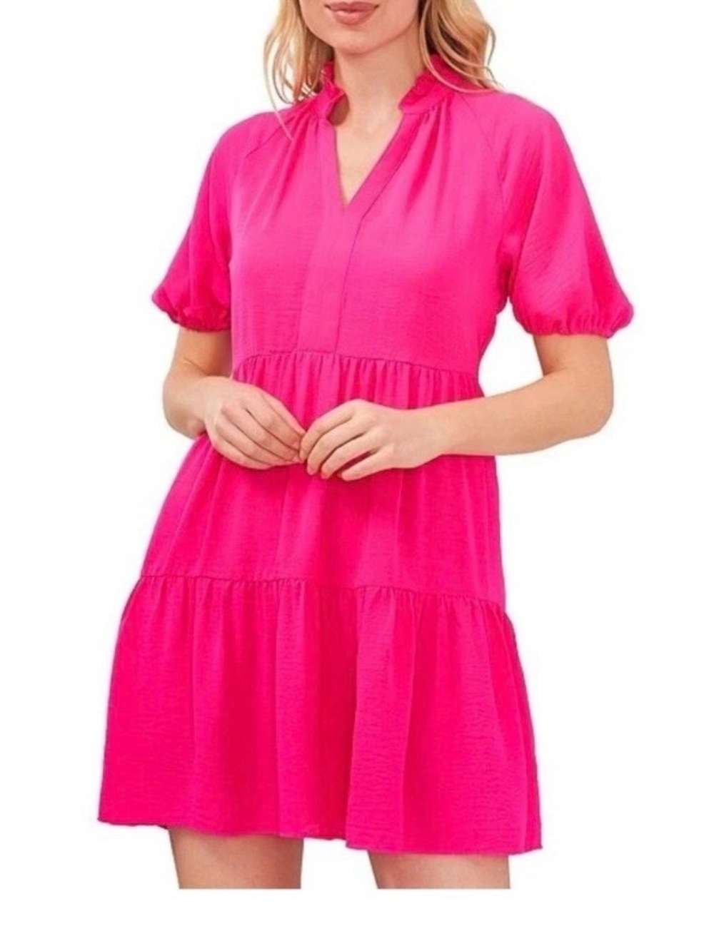 CECE Hot Pink Ruffle Mock V-
Neck Tiered Mini Dress 2XL